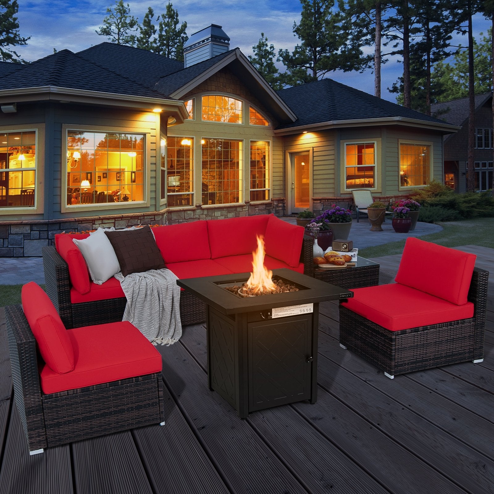 7 Pieces Patio Furniture Set with 28 Inches 50000 BTU Propane Gas Fire Pit Table, Red Patio Furniture Sets   at Gallery Canada