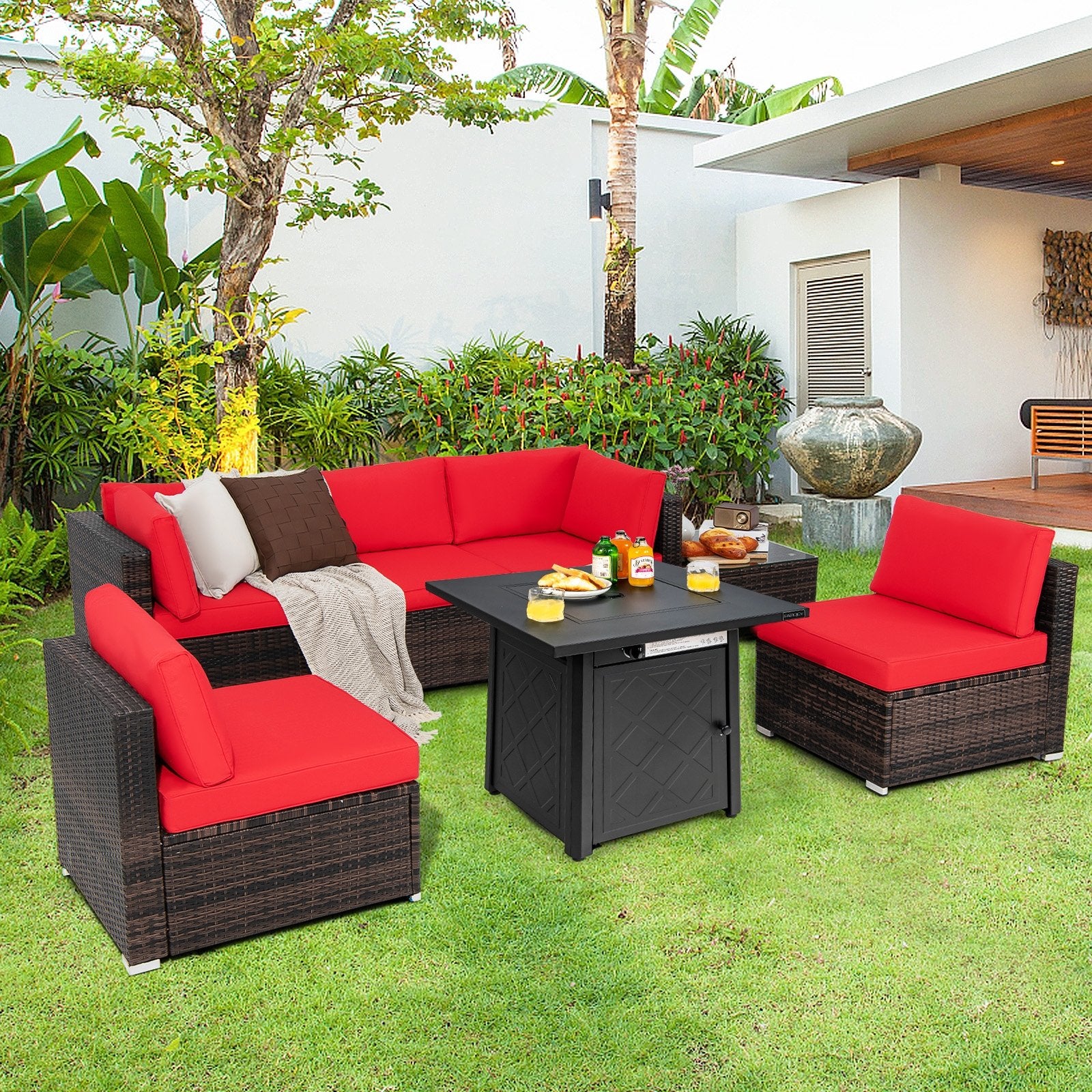 7 Pieces Patio Furniture Set with 28 Inches 50000 BTU Propane Gas Fire Pit Table, Red Patio Furniture Sets   at Gallery Canada