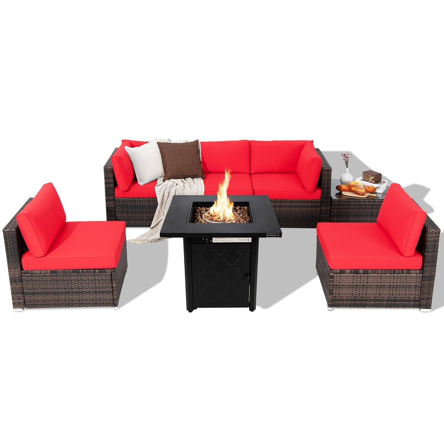 7 Pieces Patio Furniture Set with 28 Inches 50000 BTU Propane Gas Fire Pit Table, Red Patio Furniture Sets Red  at Gallery Canada