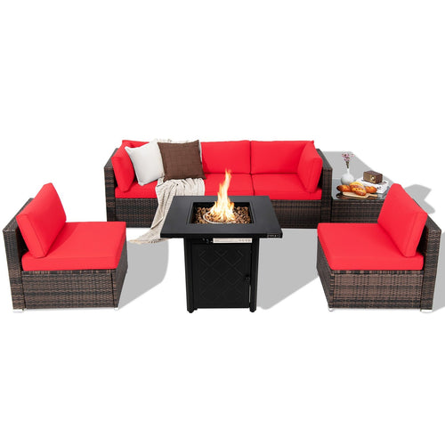 7 Pieces Patio Furniture Set with 28 Inches 50000 BTU Propane Gas Fire Pit Table, Red