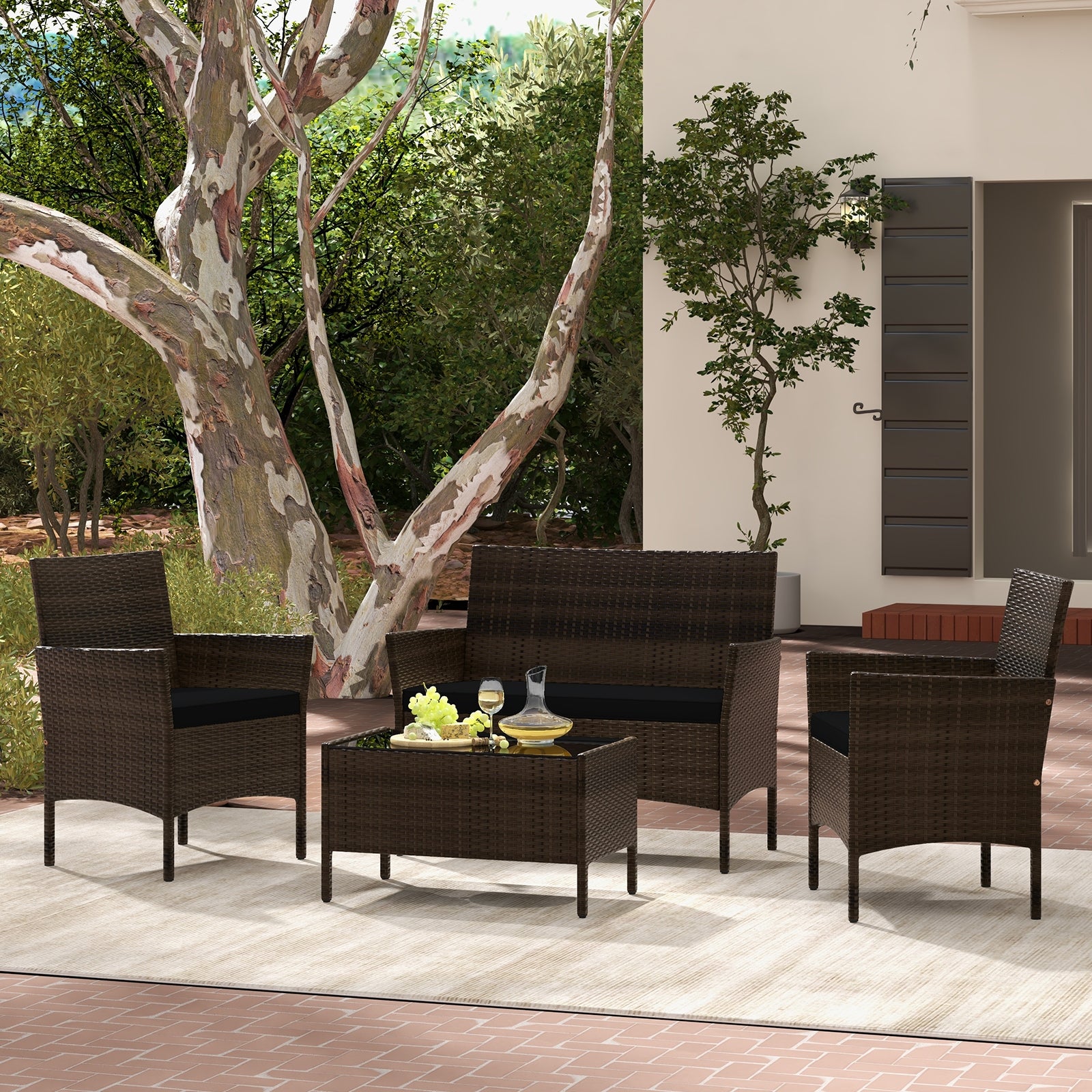 4 Piece Patio Rattan Conversation Set with Cozy Seat Cushions, Black Patio Conversation Sets at Gallery Canada
