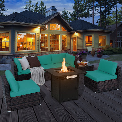 7 Pieces Patio Furniture Set with 28 Inches 50000 BTU Propane Gas Fire Pit Table, Turquoise
