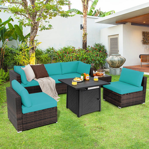 7 Pieces Patio Furniture Set with 28 Inches 50000 BTU Propane Gas Fire Pit Table, Turquoise