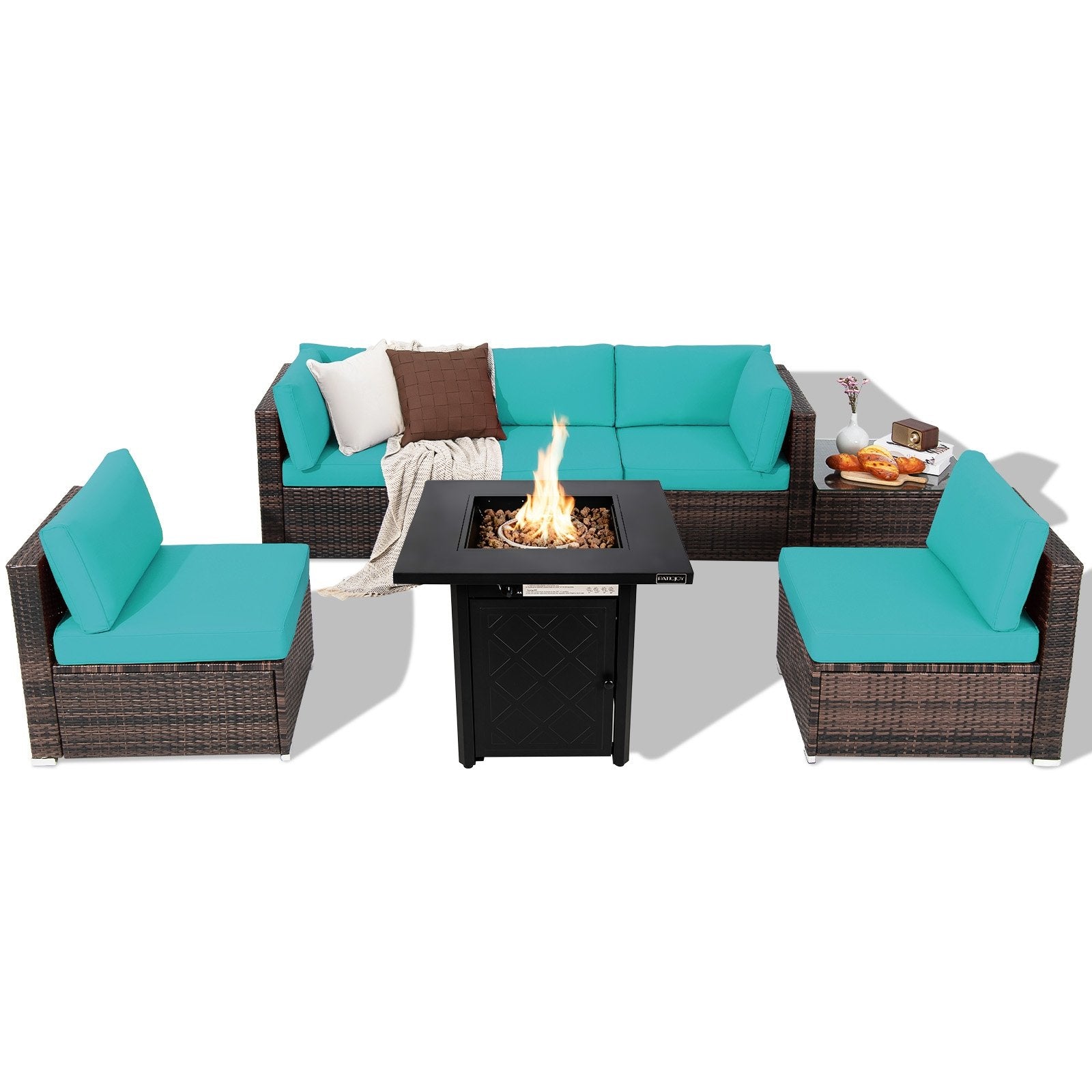 7 Pieces Patio Furniture Set with 28 Inches 50000 BTU Propane Gas Fire Pit Table, Turquoise Patio Furniture Sets   at Gallery Canada
