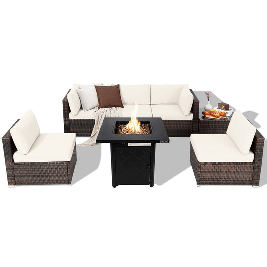 7 Pieces Patio Furniture Set with 28 Inches 50000 BTU Propane Gas Fire Pit Table, White Patio Furniture Sets White  at Gallery Canada