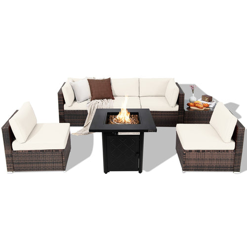 7 Pieces Patio Furniture Set with 28 Inches 50000 BTU Propane Gas Fire Pit Table, White