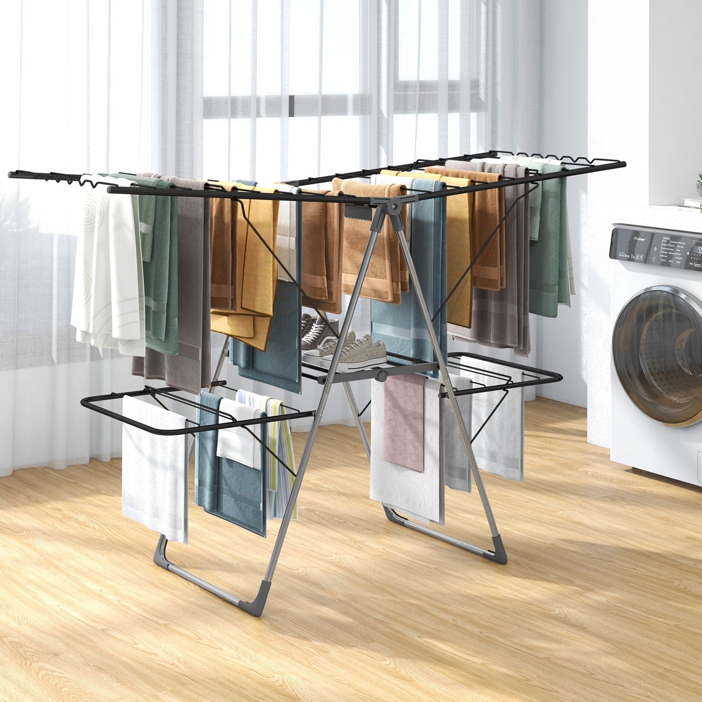 2-Tier Clothes Drying Rack with 33 Drying Rails and Height Adjustable Gullwings, Silver Drying Racks   at Gallery Canada