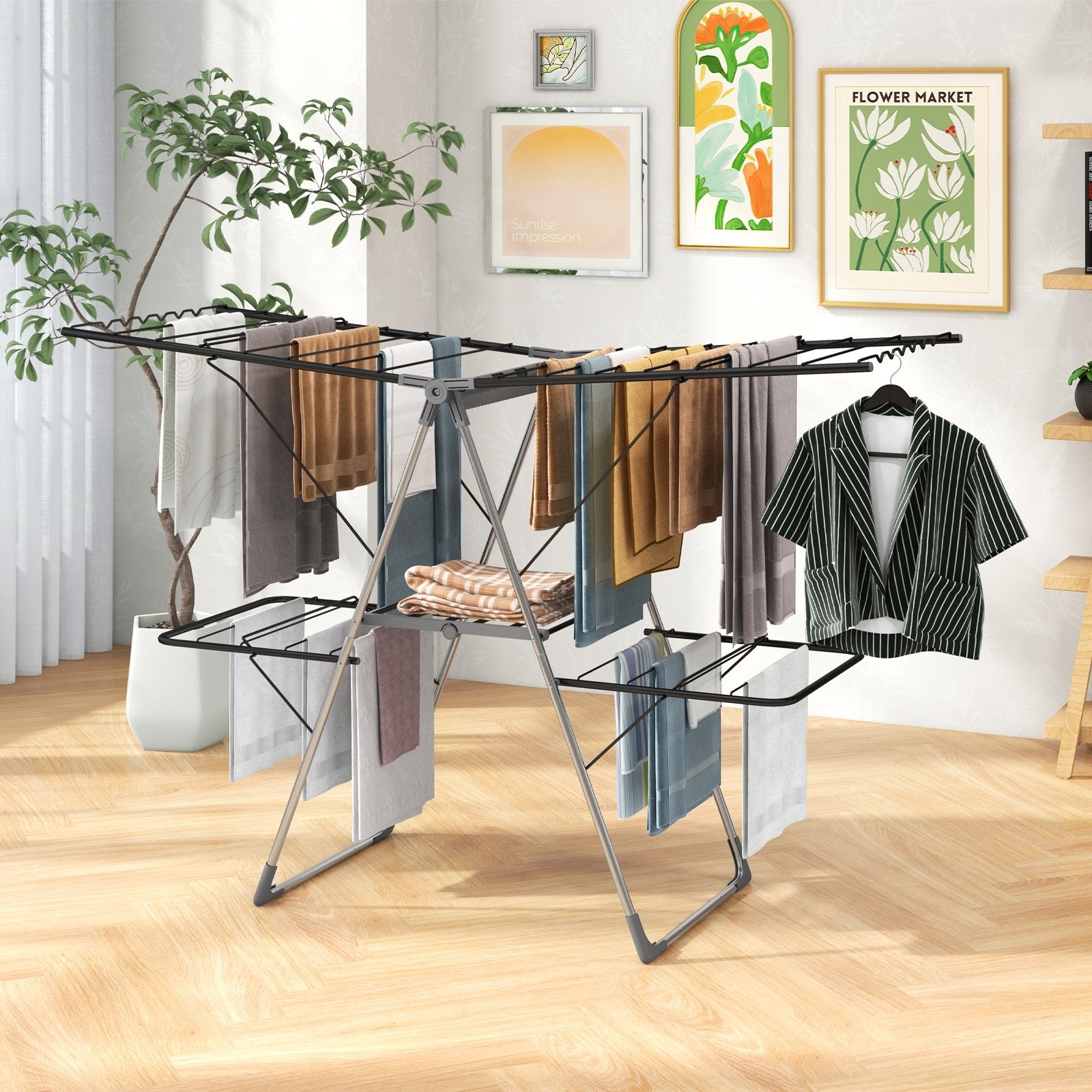 2-Tier Clothes Drying Rack with 33 Drying Rails and Height Adjustable Gullwings, Silver Drying Racks   at Gallery Canada