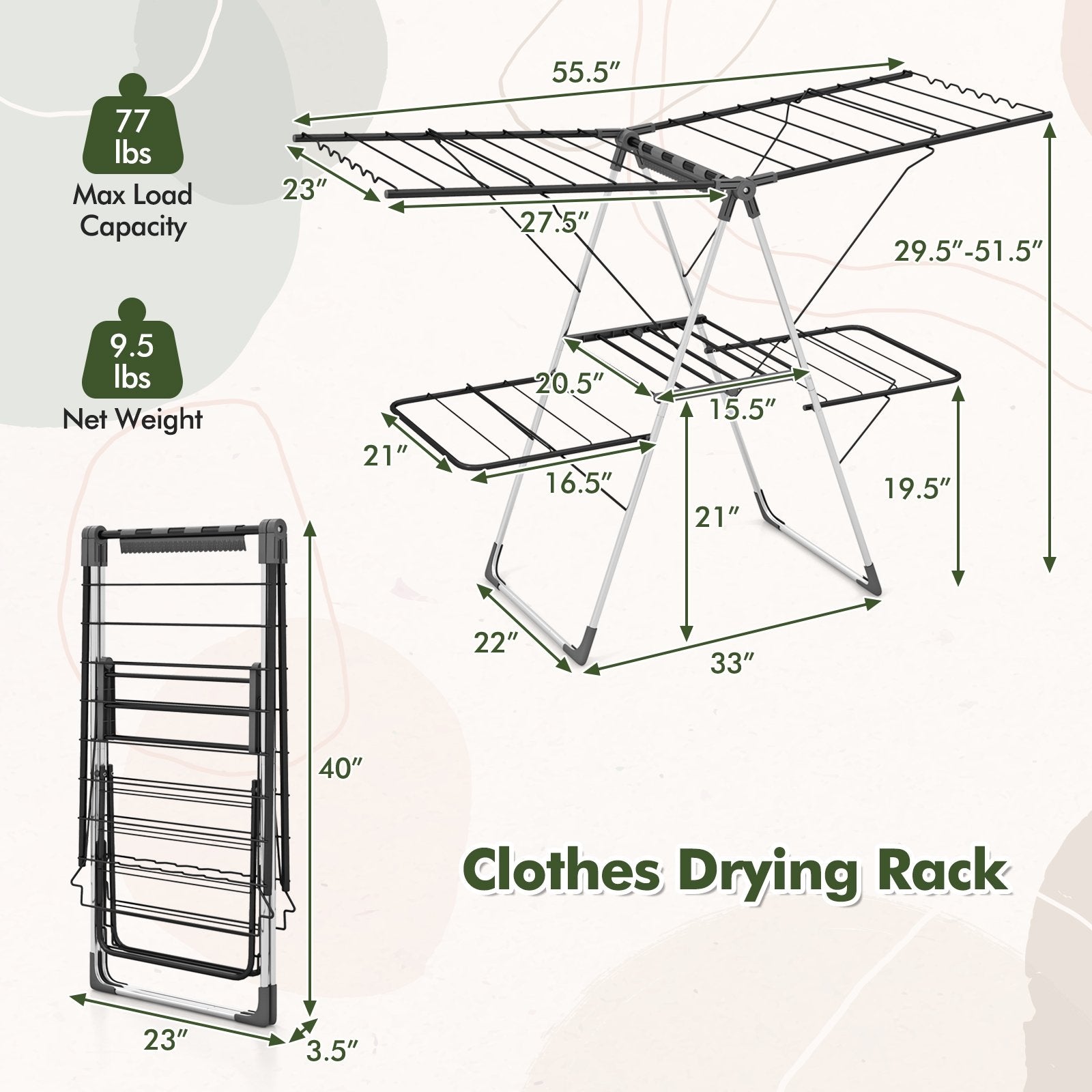 2-Tier Clothes Drying Rack with 33 Drying Rails and Height Adjustable Gullwings, Silver Drying Racks   at Gallery Canada