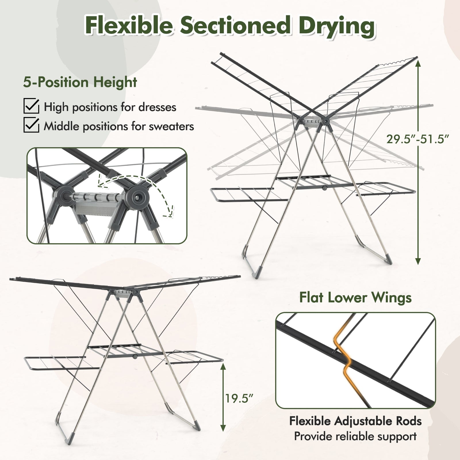 2-Tier Clothes Drying Rack with 33 Drying Rails and Height Adjustable Gullwings, Silver Drying Racks   at Gallery Canada