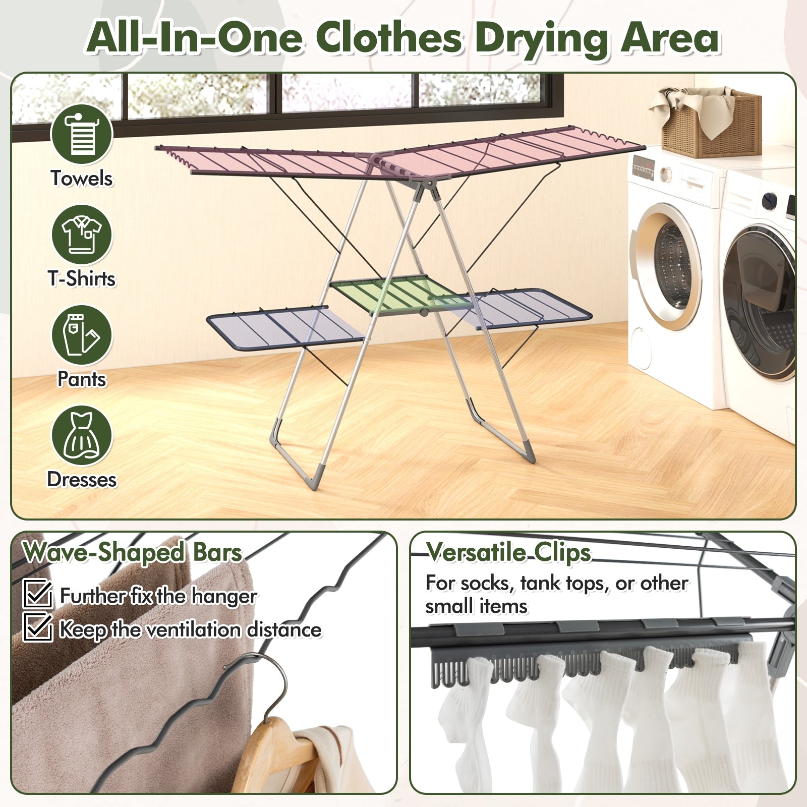 2-Tier Clothes Drying Rack with 33 Drying Rails and Height Adjustable Gullwings, Silver Drying Racks   at Gallery Canada