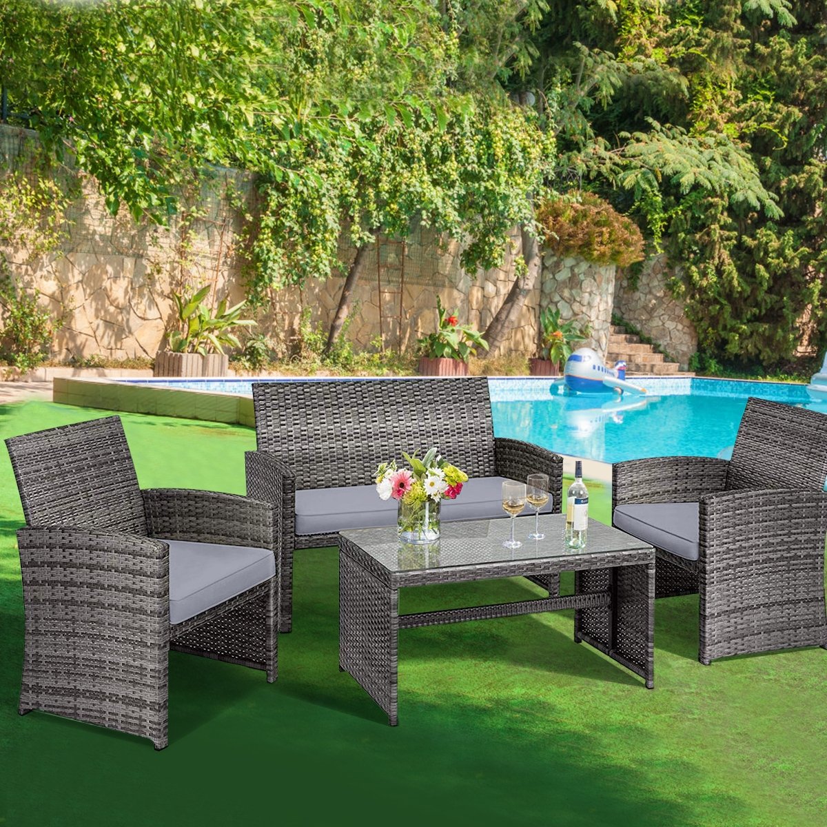 4 Pieces Patio Rattan Furniture Set with Glass Table and Loveseat, Gray Patio Conversation Sets   at Gallery Canada