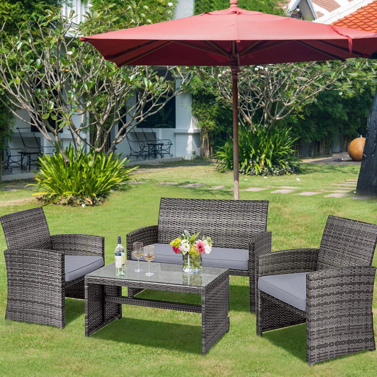 4 Pieces Patio Rattan Furniture Set with Glass Table and Loveseat, Gray Patio Conversation Sets   at Gallery Canada