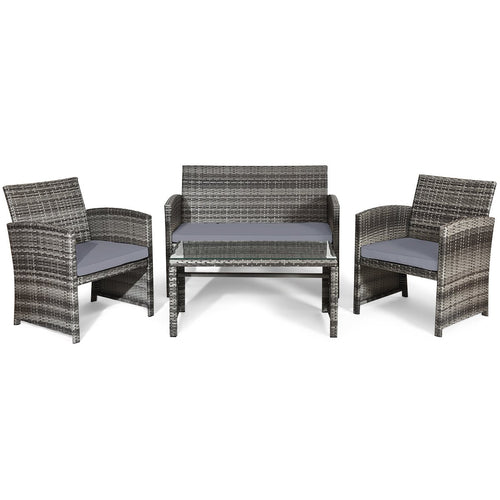 4 Pieces Patio Rattan Furniture Set with Glass Table and Loveseat, Gray