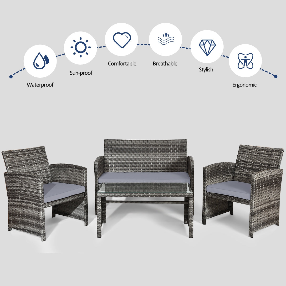 4 Pieces Patio Rattan Furniture Set with Glass Table and Loveseat, Gray Patio Conversation Sets   at Gallery Canada