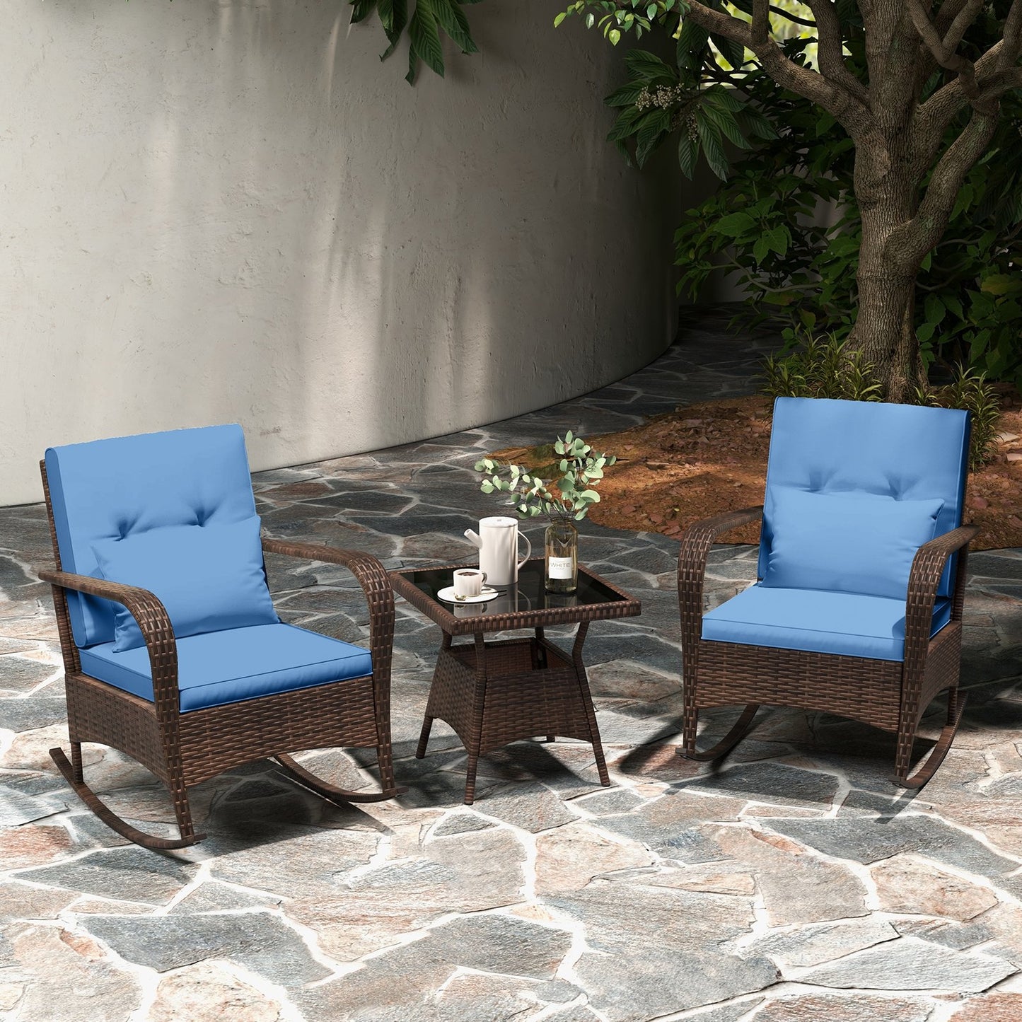 3 Pieces Outdoor Rocking Set with Tempered Glass Coffee Table for Backyard Poolside, Navy Patio Conversation Sets   at Gallery Canada