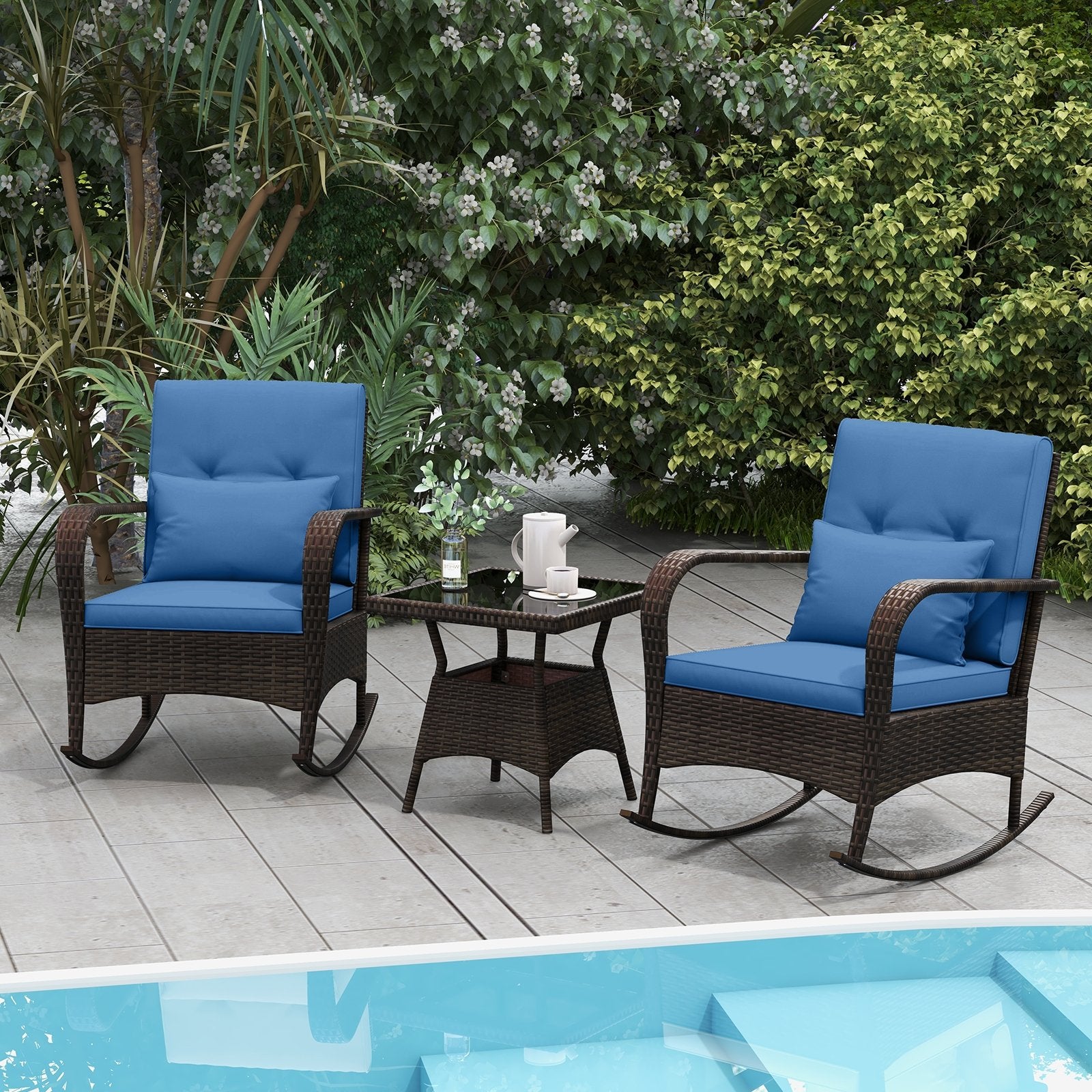 3 Pieces Outdoor Rocking Set with Tempered Glass Coffee Table for Backyard Poolside, Navy Patio Conversation Sets   at Gallery Canada