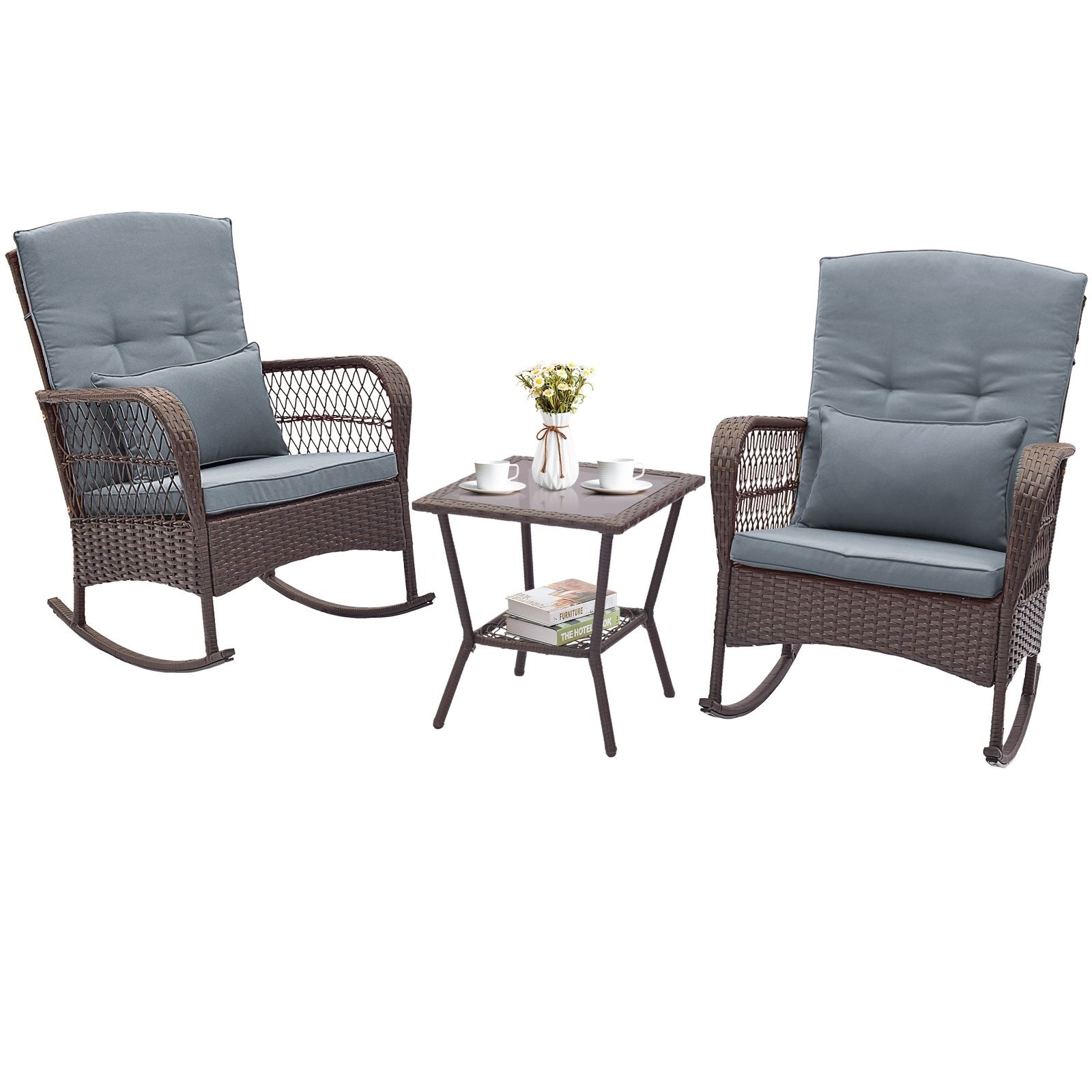 3 Pieces Rocking Bistro Set with 2-Tier Coffee Table, Gray Patio Conversation Sets Gray  at Gallery Canada