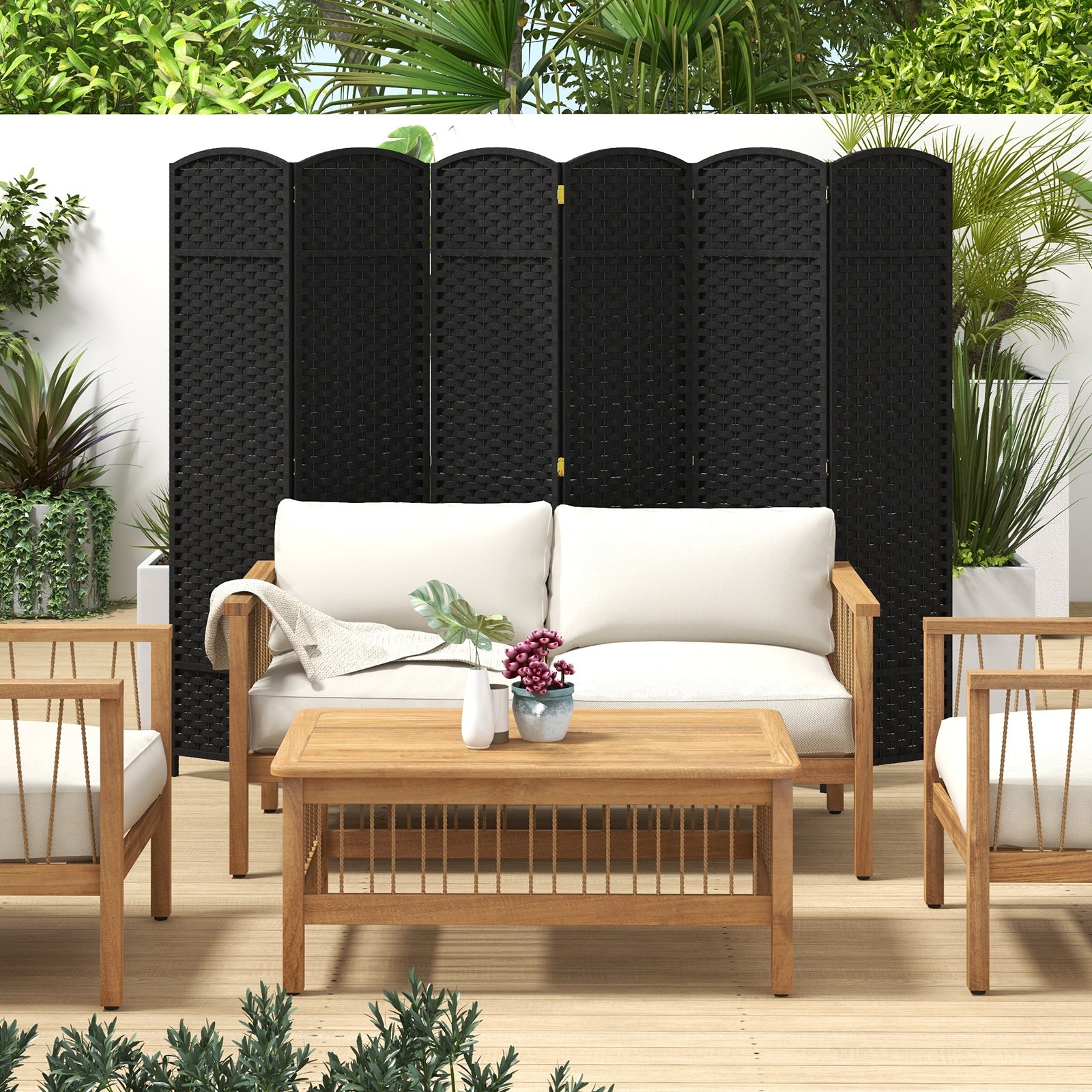 6-Panel Room Divider 5.6 FT Tall Folding Privacy Screen with Hand-woven Texture, Black Room Dividers   at Gallery Canada