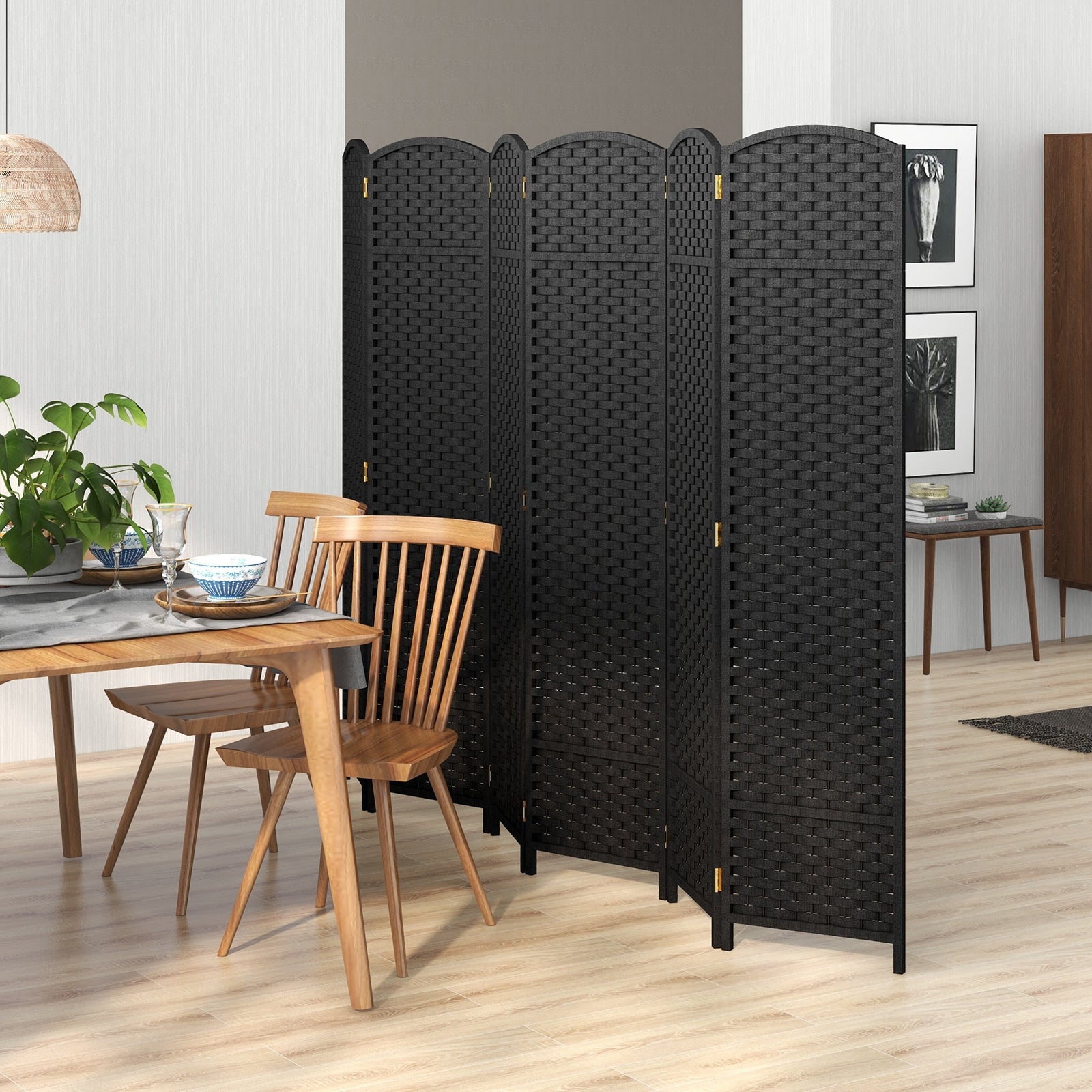 6-Panel Room Divider 5.6 FT Tall Folding Privacy Screen with Hand-woven Texture, Black Room Dividers   at Gallery Canada