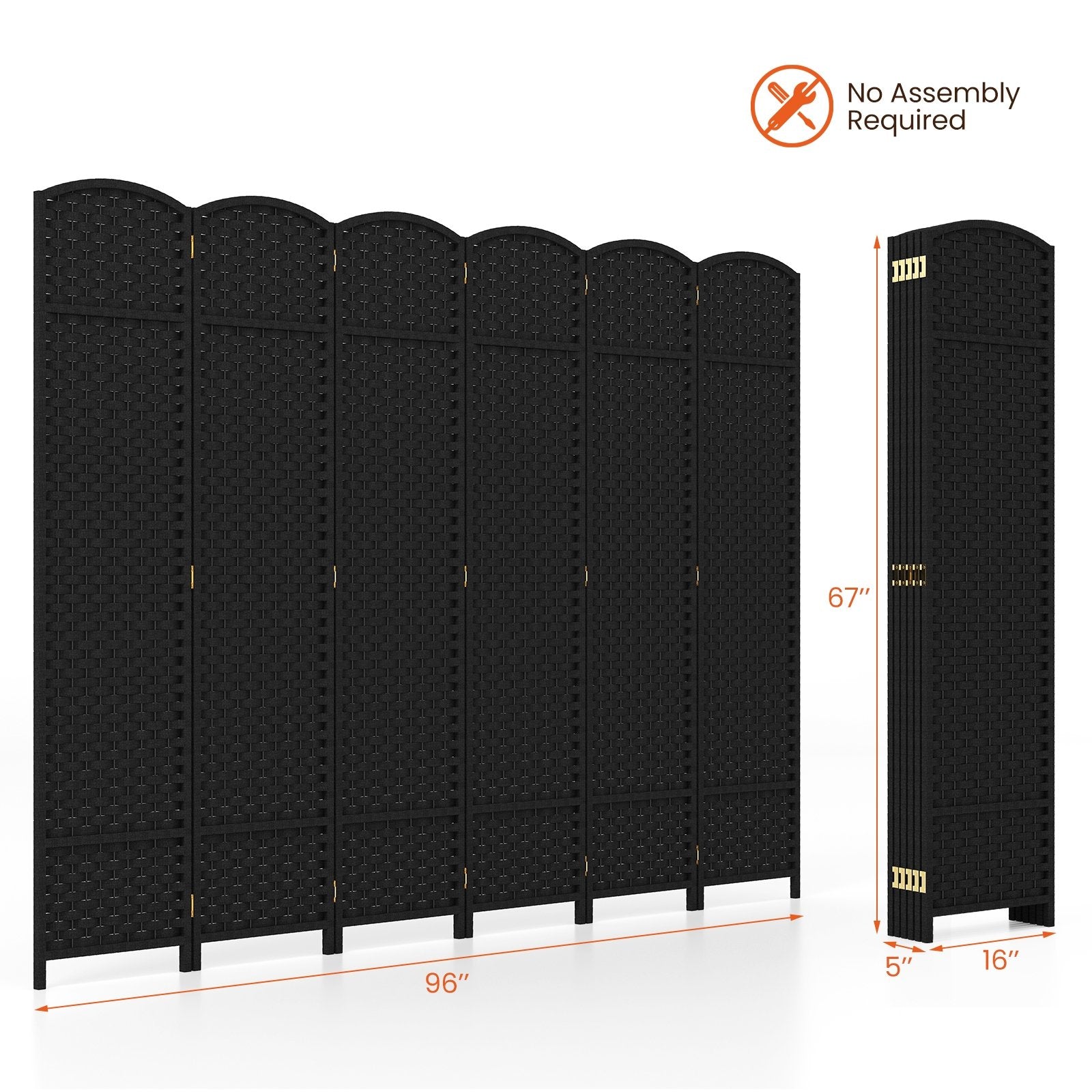 6-Panel Room Divider 5.6 FT Tall Folding Privacy Screen with Hand-woven Texture, Black Room Dividers   at Gallery Canada