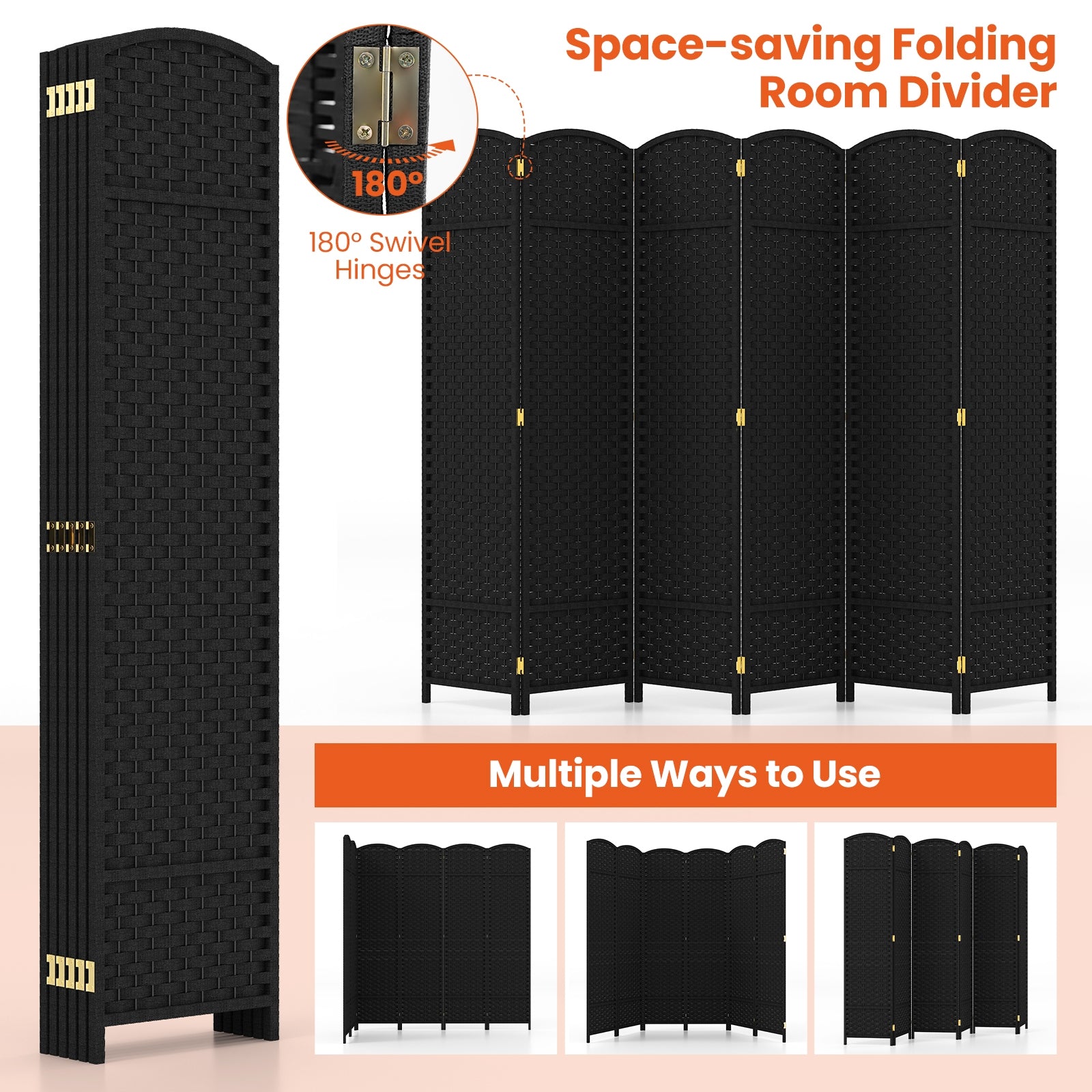 6-Panel Room Divider 5.6 FT Tall Folding Privacy Screen with Hand-woven Texture, Black Room Dividers   at Gallery Canada