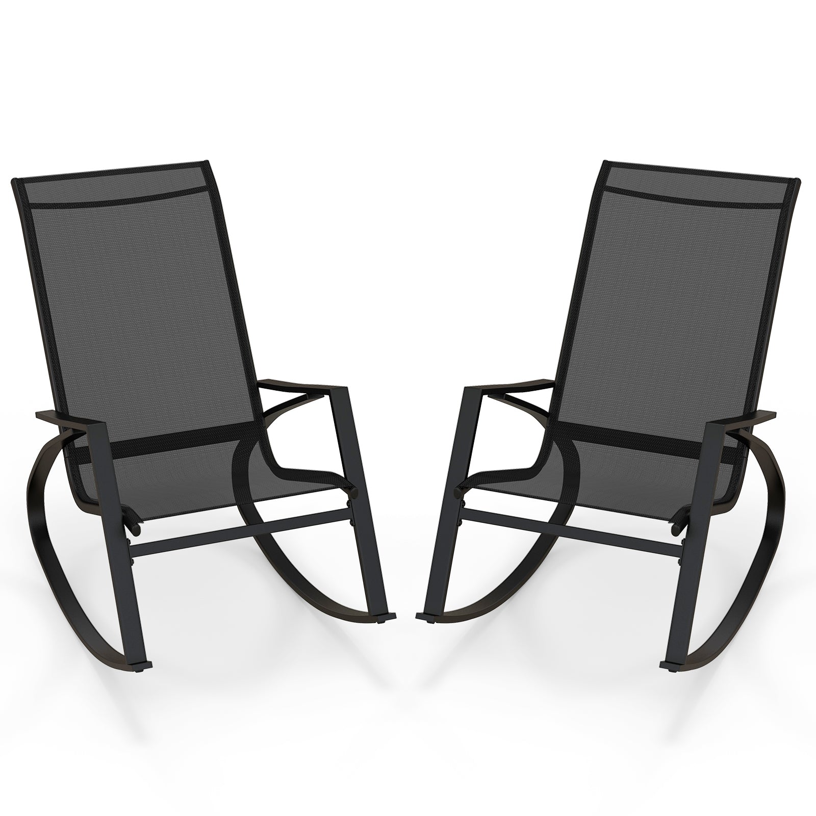 2 Pieces Patio Rocking Chairs Outdoor Sling Fabric Rockers with Ergonomic Backrest and Seat, Black Patio Rocking Chairs & Gliders Black  at Gallery Canada