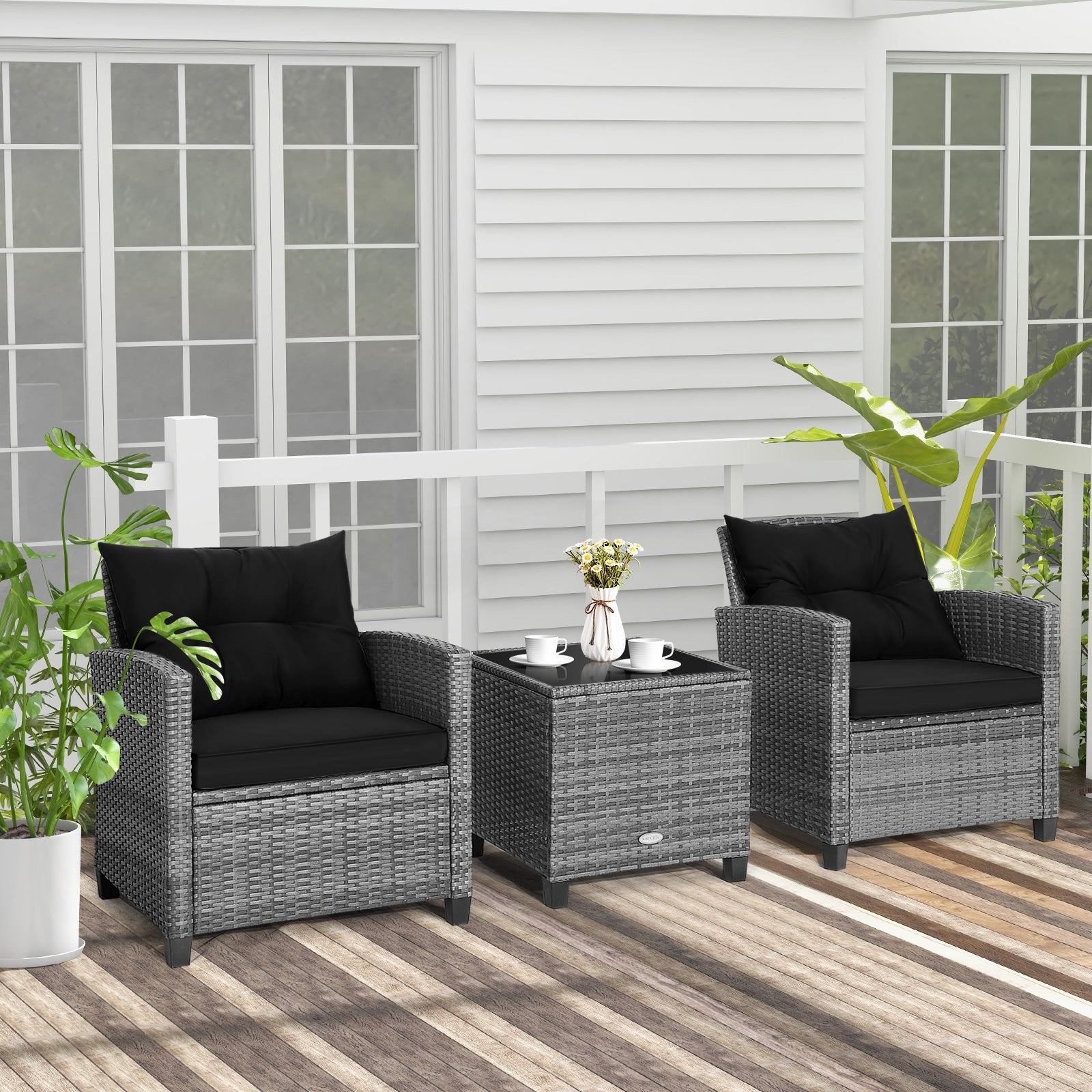 3 Pieces Outdoor Wicker Conversation Set with Tempered Glass Tabletop, Black Patio Conversation Sets   at Gallery Canada