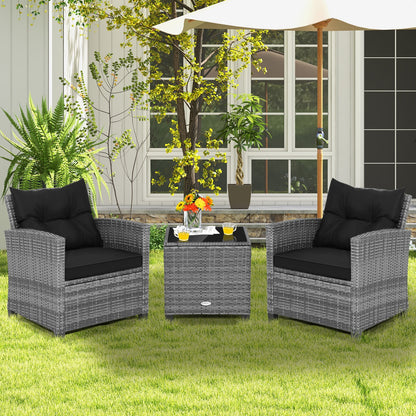 3 Pieces Outdoor Wicker Conversation Set with Tempered Glass Tabletop, Black Patio Conversation Sets   at Gallery Canada