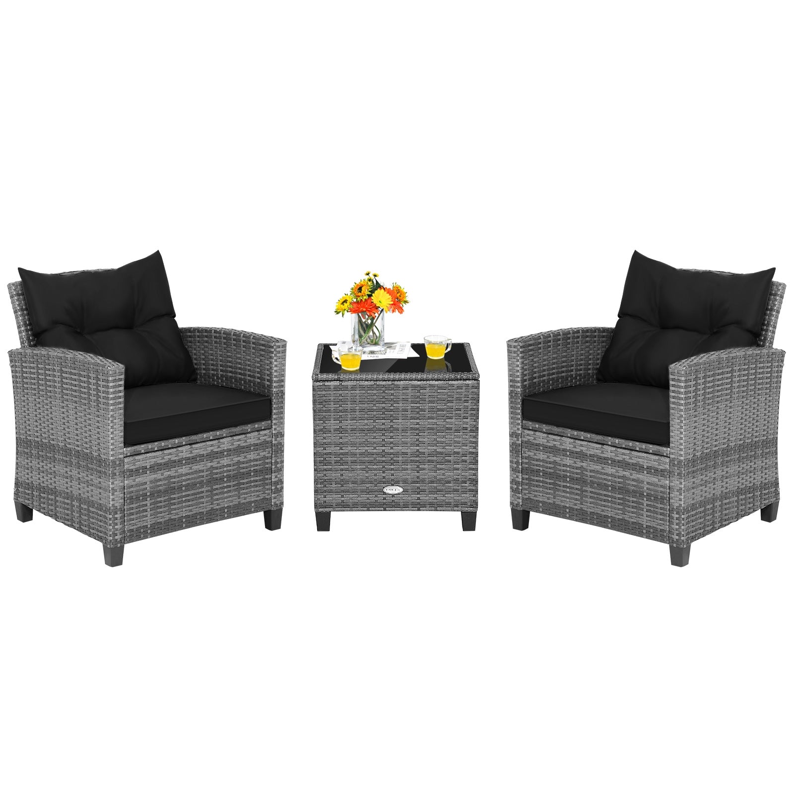 3 Pieces Outdoor Wicker Conversation Set with Tempered Glass Tabletop, Black Patio Conversation Sets   at Gallery Canada