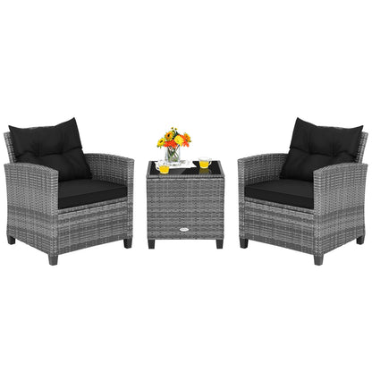 3 Pieces Outdoor Wicker Conversation Set with Tempered Glass Tabletop, Black Patio Conversation Sets   at Gallery Canada