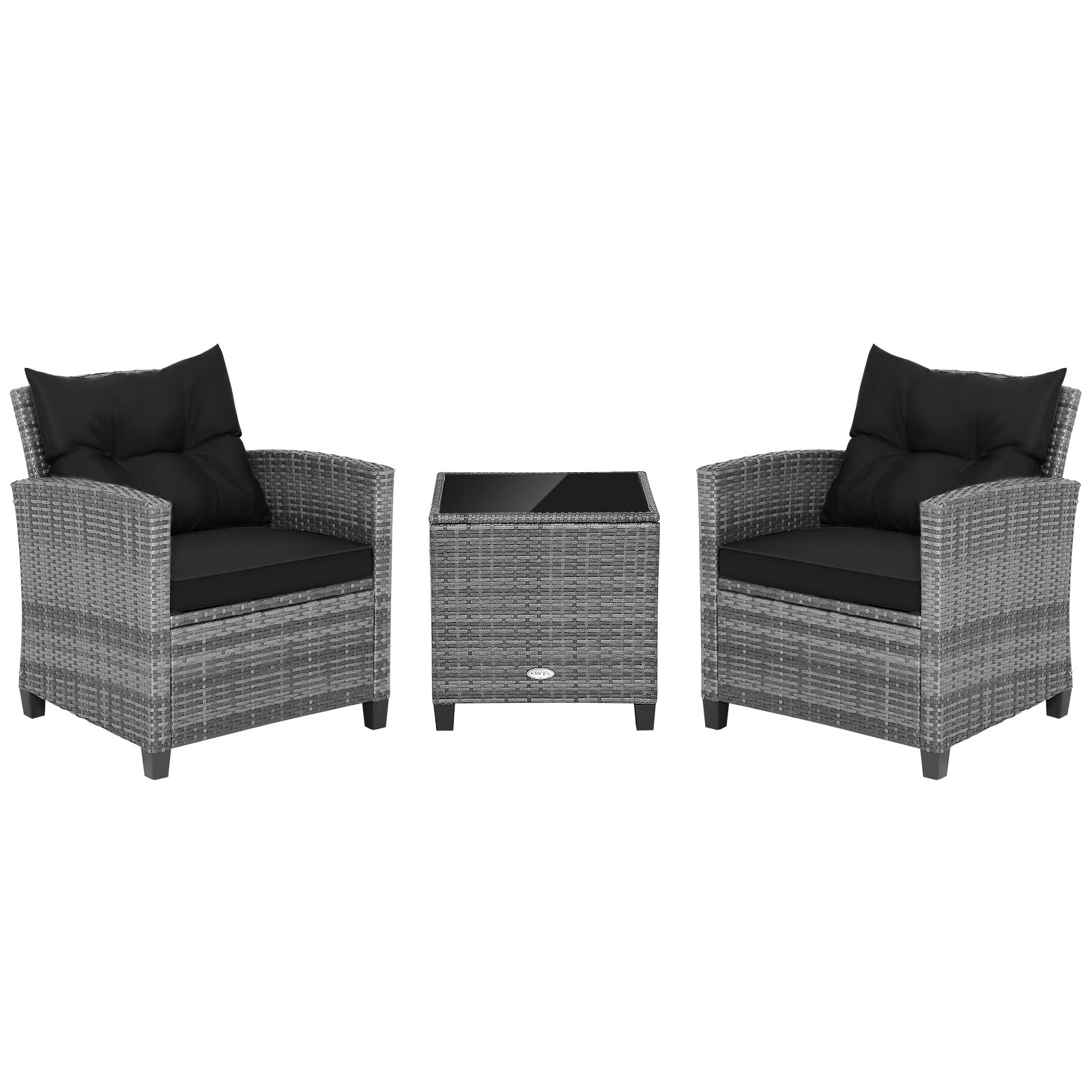 3 Pieces Outdoor Wicker Conversation Set with Tempered Glass Tabletop, Black Patio Conversation Sets Black  at Gallery Canada