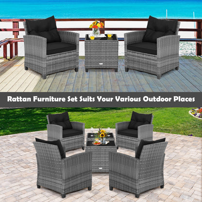 3 Pieces Outdoor Wicker Conversation Set with Tempered Glass Tabletop, Black Patio Conversation Sets   at Gallery Canada