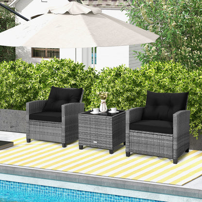 3 Pieces Outdoor Wicker Conversation Set with Tempered Glass Tabletop, Black Patio Conversation Sets   at Gallery Canada