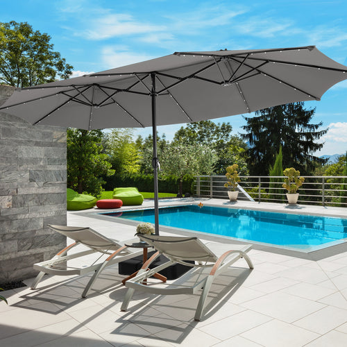 15 Feet Double-Sided Patio Umbrella with 48 LED Lights, Gray