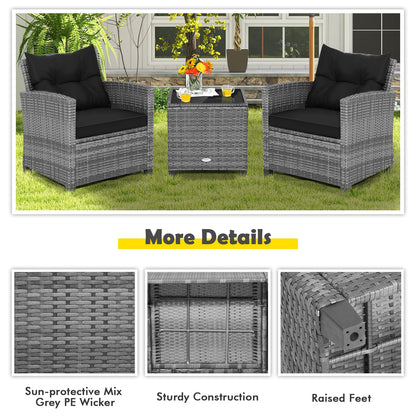 3 Pieces Outdoor Wicker Conversation Set with Tempered Glass Tabletop, Black Patio Conversation Sets   at Gallery Canada