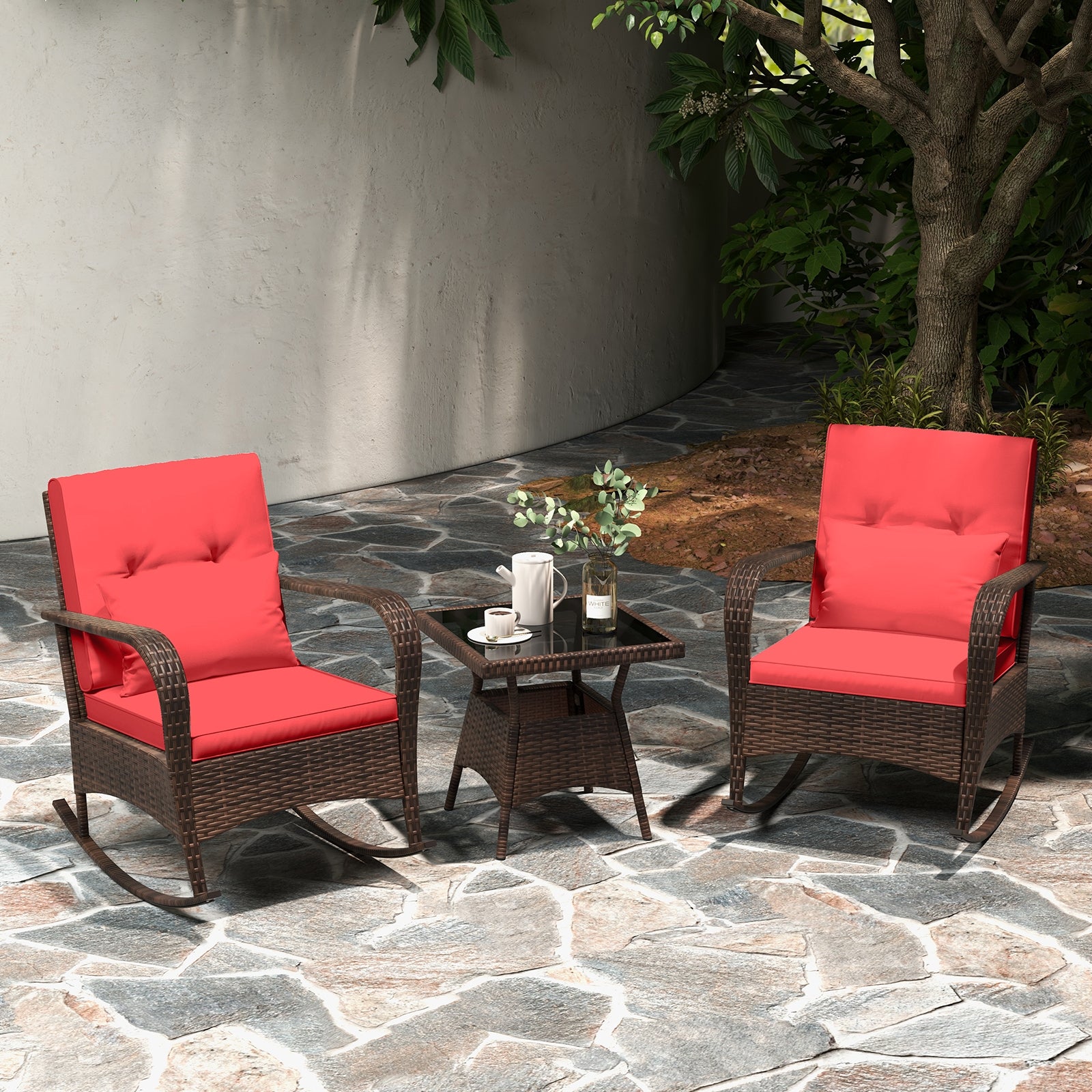 3 Pieces Outdoor Rocking Set with Tempered Glass Coffee Table for Backyard Poolside, Red Patio Conversation Sets   at Gallery Canada