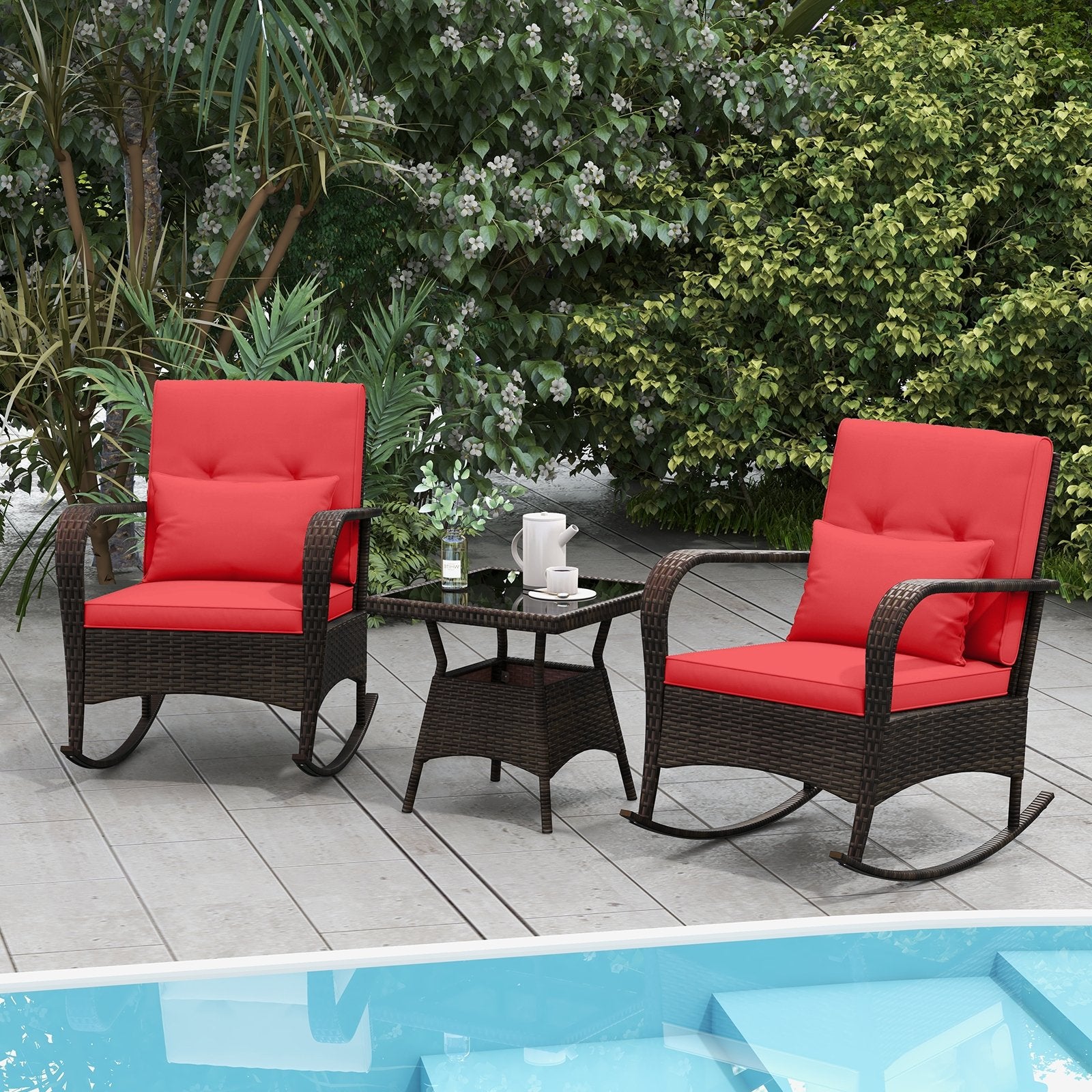 3 Pieces Outdoor Rocking Set with Tempered Glass Coffee Table for Backyard Poolside, Red Patio Conversation Sets   at Gallery Canada