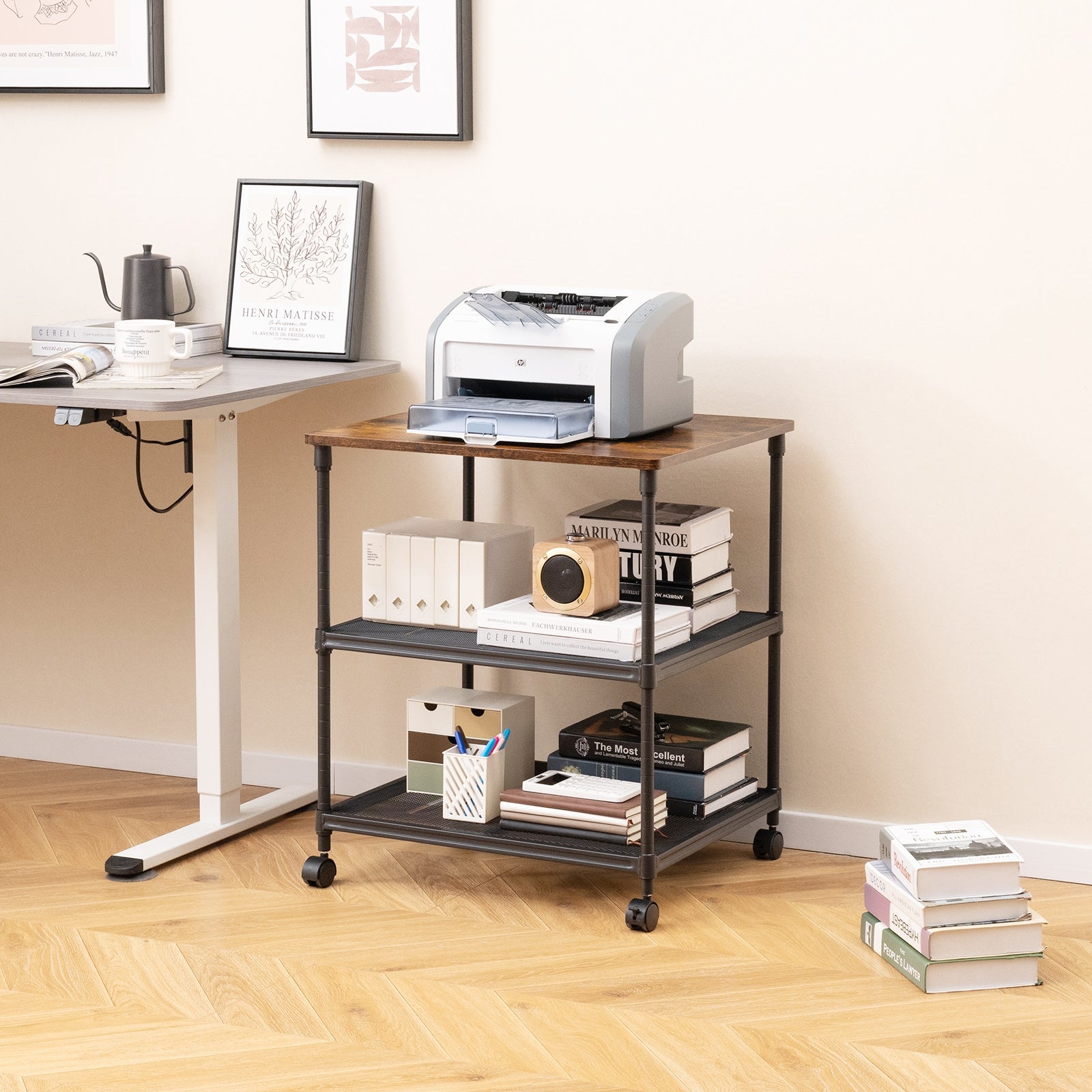 3 Tier Printer Stand Rolling Fax Cart with Adjustable Shelf and Swivel Wheels, Coffee Laptop Tables & Printer Stands   at Gallery Canada