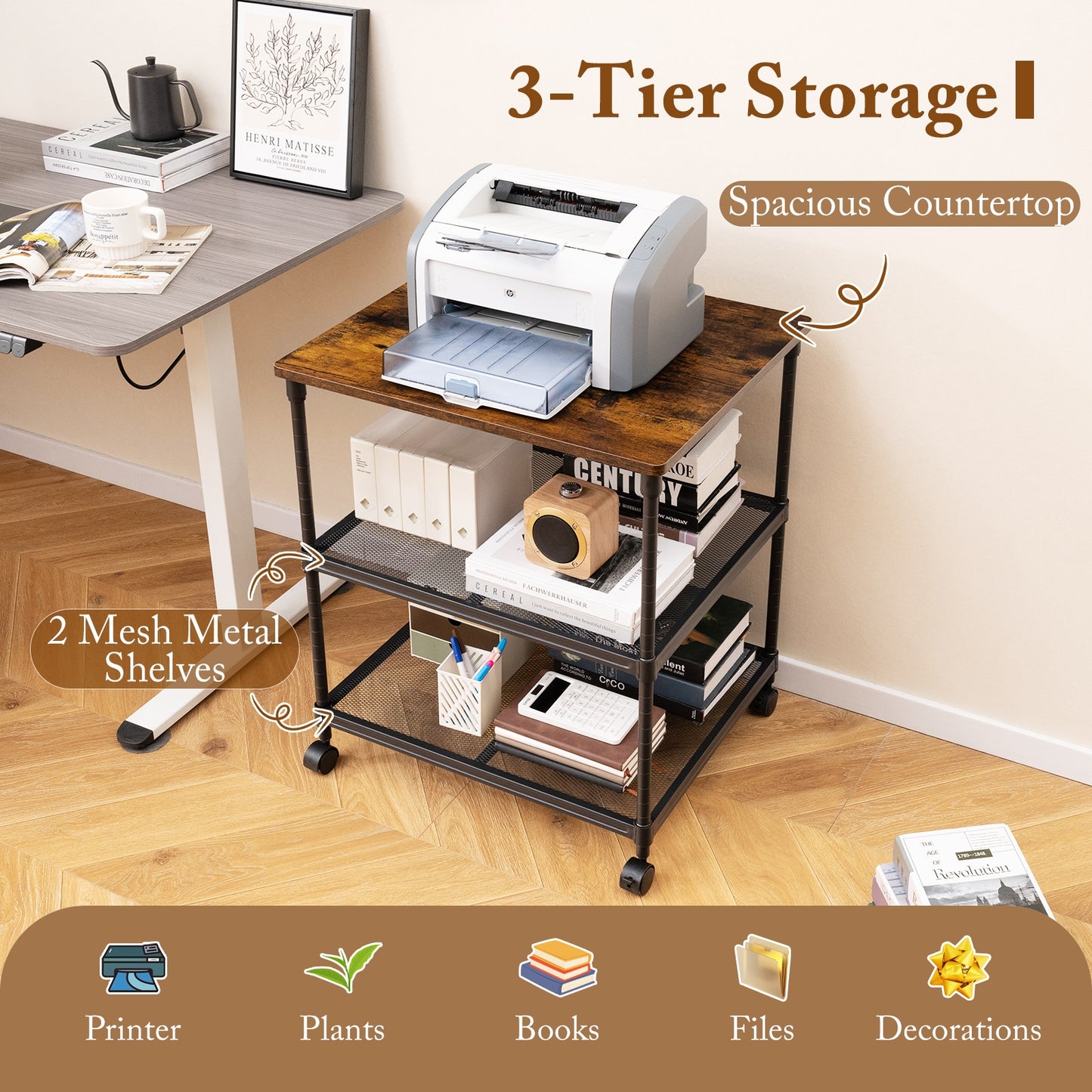 3 Tier Printer Stand Rolling Fax Cart with Adjustable Shelf and Swivel Wheels, Coffee Laptop Tables & Printer Stands   at Gallery Canada