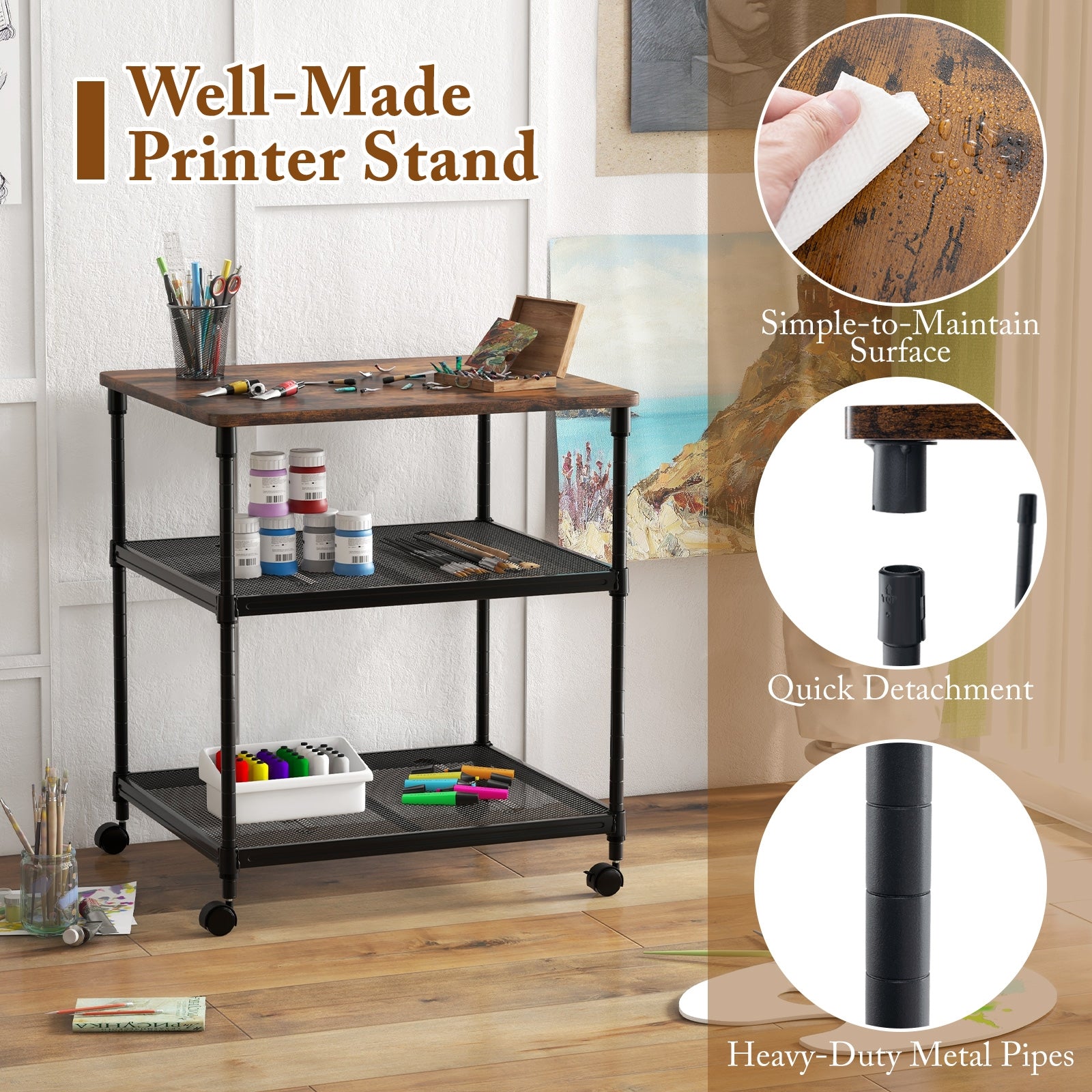 3 Tier Printer Stand Rolling Fax Cart with Adjustable Shelf and Swivel Wheels, Coffee Laptop Tables & Printer Stands   at Gallery Canada