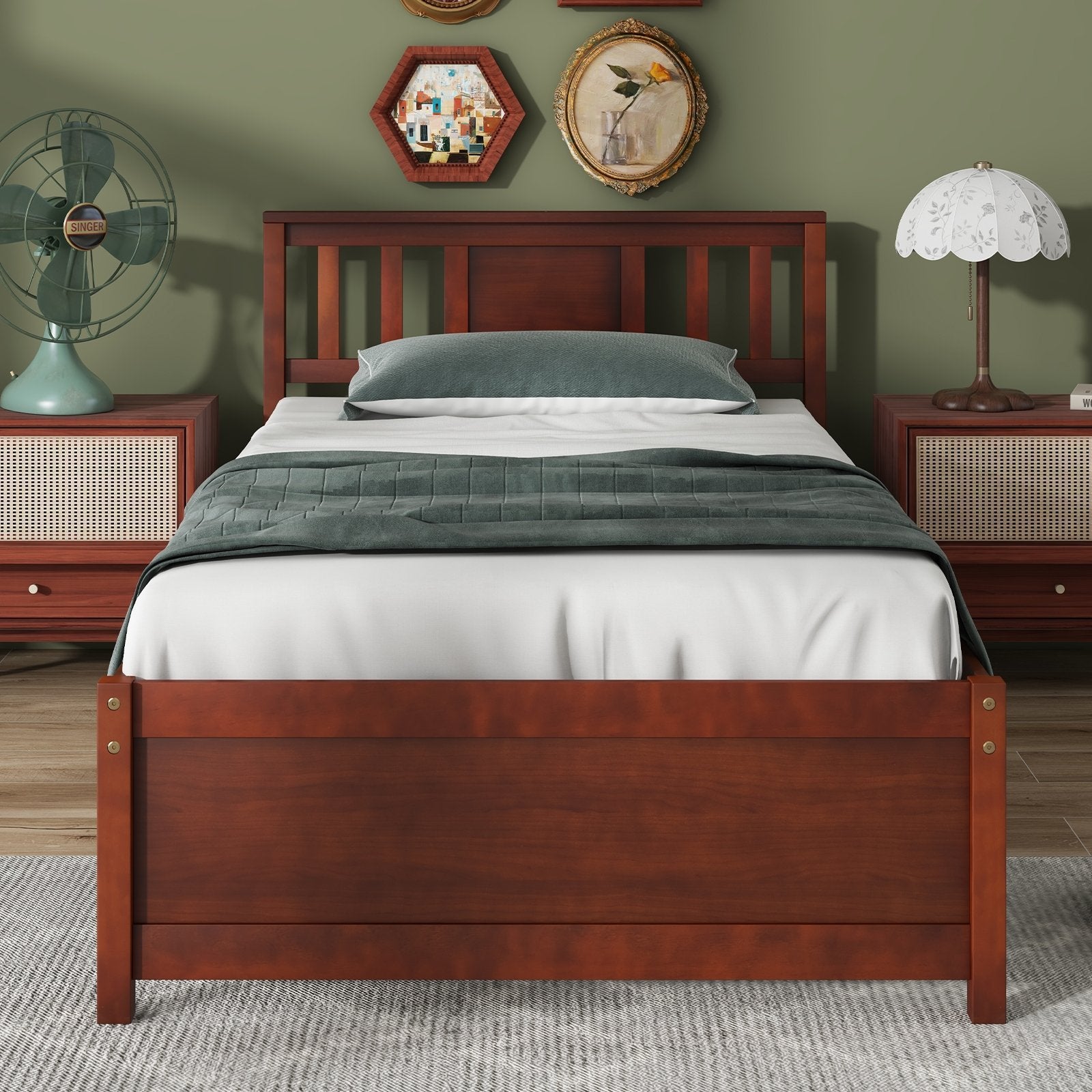 Wooden Platform Bed with Headboard and Slat Support-Twin Size, Walnut Simple Bed Frame   at Gallery Canada