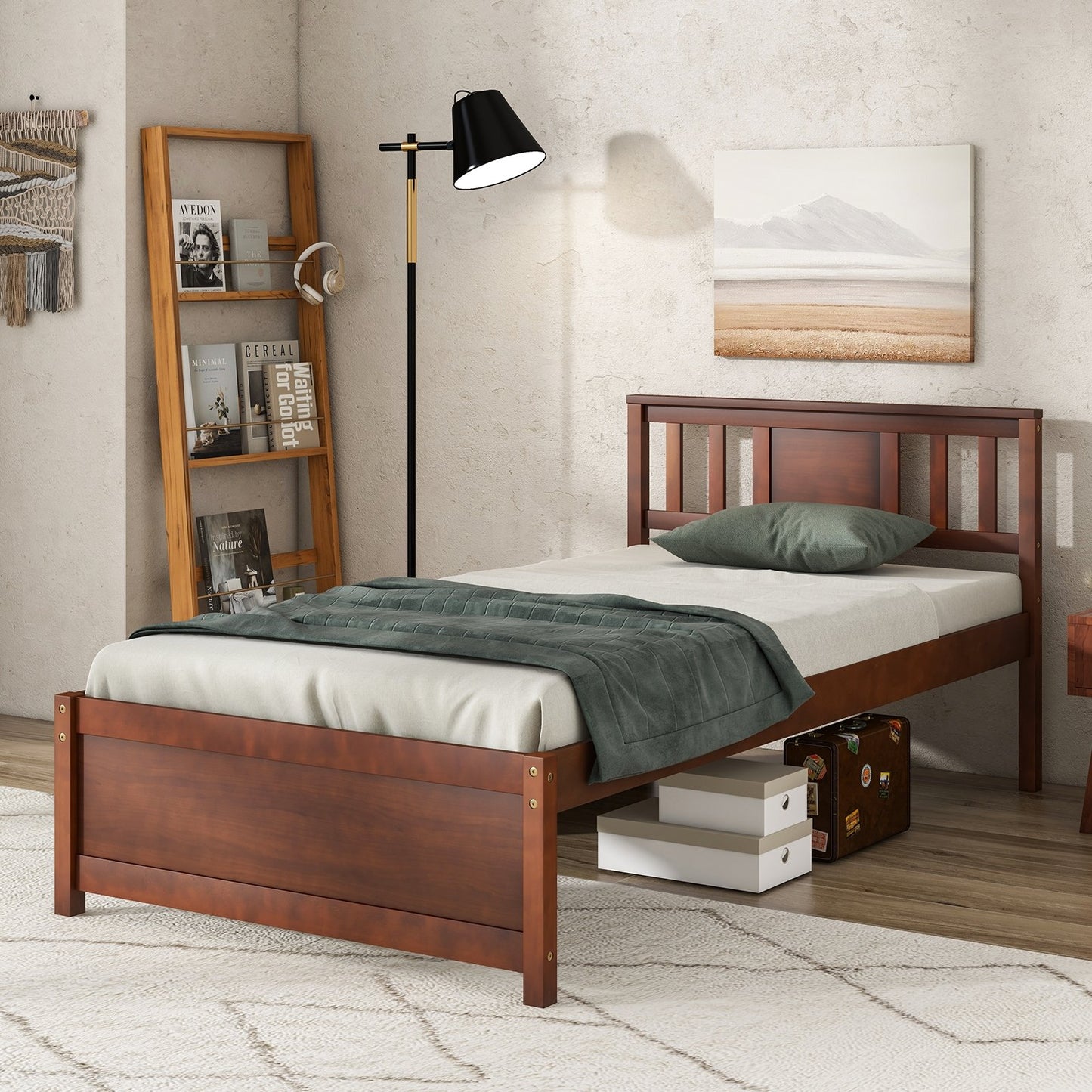 Wooden Platform Bed with Headboard and Slat Support-Twin Size, Walnut Simple Bed Frame   at Gallery Canada