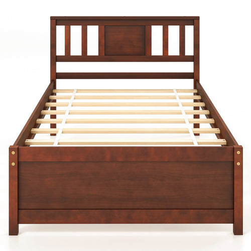 Wooden Platform Bed with Headboard and Slat Support-Twin Size, Walnut