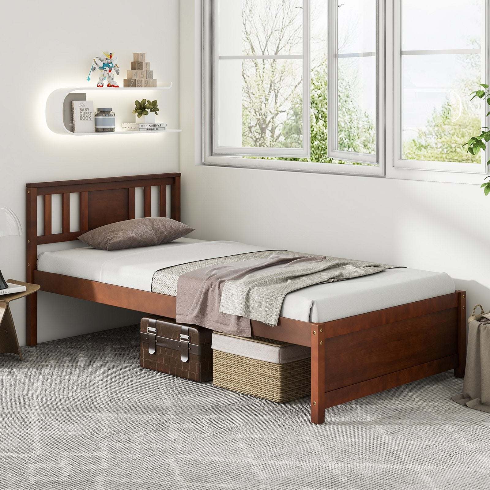 Wooden Platform Bed with Headboard and Slat Support-Twin Size, Walnut Simple Bed Frame   at Gallery Canada