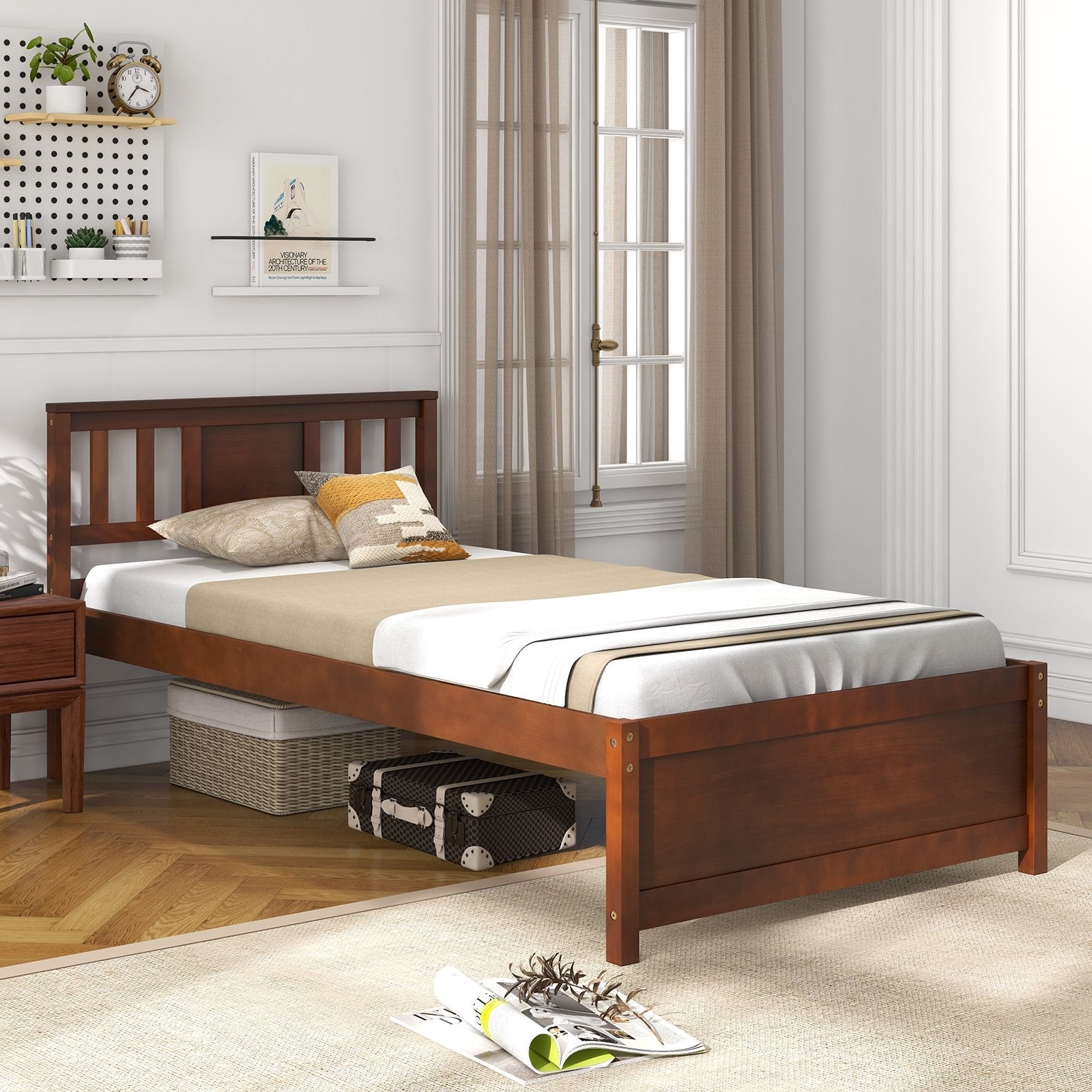 Wooden Platform Bed with Headboard and Slat Support-Twin Size, Walnut Simple Bed Frame   at Gallery Canada