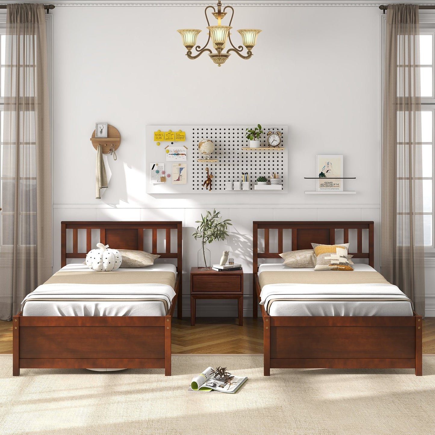 Wooden Platform Bed with Headboard and Slat Support-Twin Size, Walnut Simple Bed Frame   at Gallery Canada