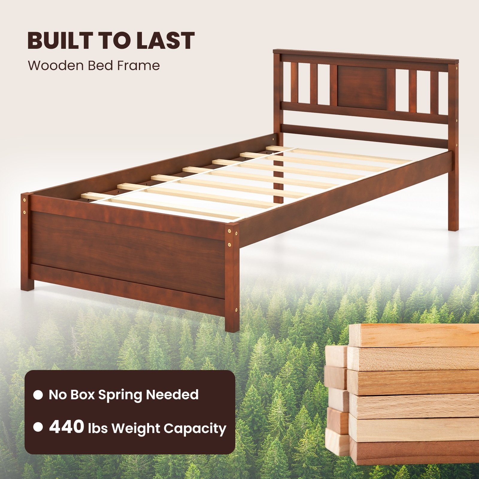 Wooden Platform Bed with Headboard and Slat Support-Twin Size, Walnut Simple Bed Frame   at Gallery Canada