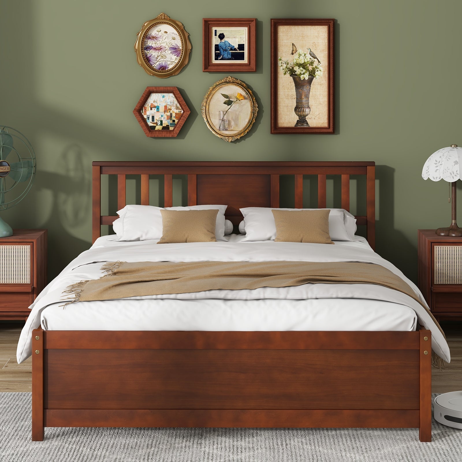 Wooden Platform Bed with Headboard and Wood Slat Support-Full Size, Walnut Simple Bed Frame   at Gallery Canada