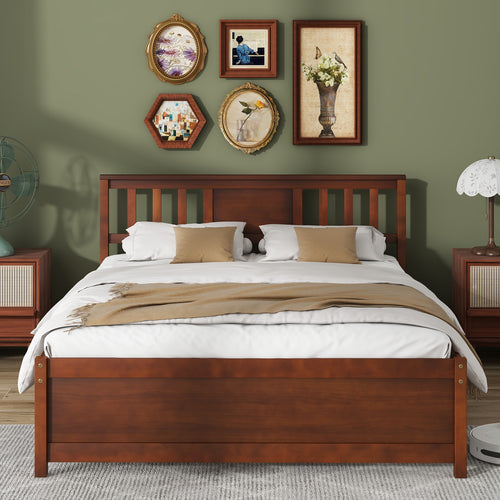 Wooden Platform Bed with Headboard and Wood Slat Support-Full Size, Walnut